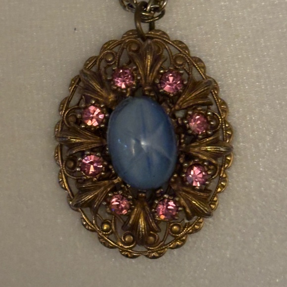 Vintage Star Glass Pendant Necklace Blue Cabochon Pink Rhinestones - Picture 4 of 7
